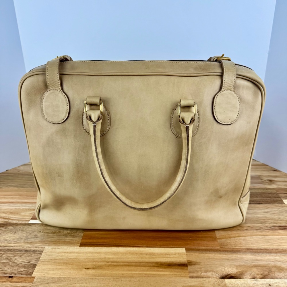 Tramontano Napoli Italian Leather Structured Satchel Handbag Beige Gold Hardware - Picture 3 of 12